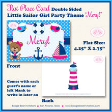 Load image into Gallery viewer, Nautical Sailor Girl Birthday Party Favor Card Tent Appetizer Food Place Favor Boat Pink Blue Sail Ocean Boogie Bear Invitations Meryl Theme