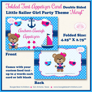 Nautical Sailor Girl Birthday Party Favor Card Tent Appetizer Food Place Favor Boat Pink Blue Sail Ocean Boogie Bear Invitations Meryl Theme