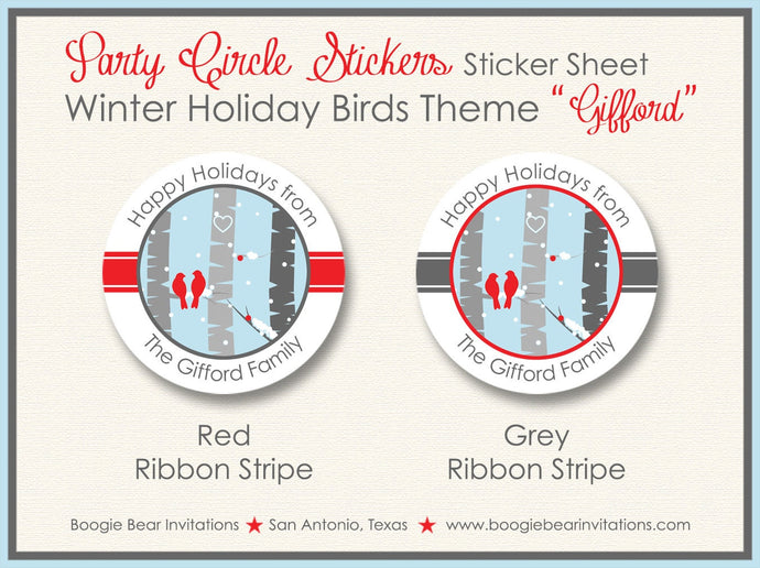 Woodland Winter Bird Party Stickers Circle Tag Forest Animals Holiday Christmas Red Birch Bark Tree Boogie Bear Invitations Gifford Theme