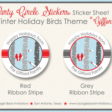 Woodland Winter Bird Party Stickers Circle Tag Forest Animals Holiday Christmas Red Birch Bark Tree Boogie Bear Invitations Gifford Theme