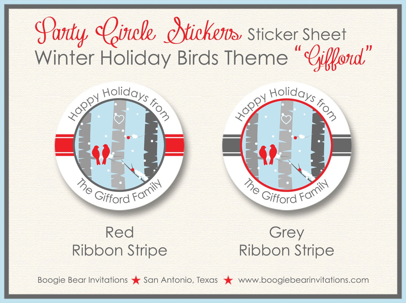 Woodland Winter Bird Party Stickers Circle Tag Forest Animals Holiday Christmas Red Birch Bark Tree Boogie Bear Invitations Gifford Theme