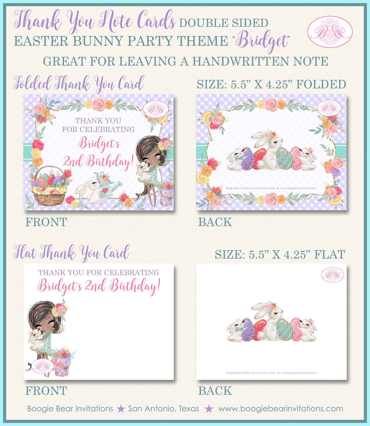 Easter Bunny Party Thank You Card Note Birthday Egg Hunt Girl Flower Purple Spring Rabbit Boogie Bear Invitations Bridget Theme Printed
