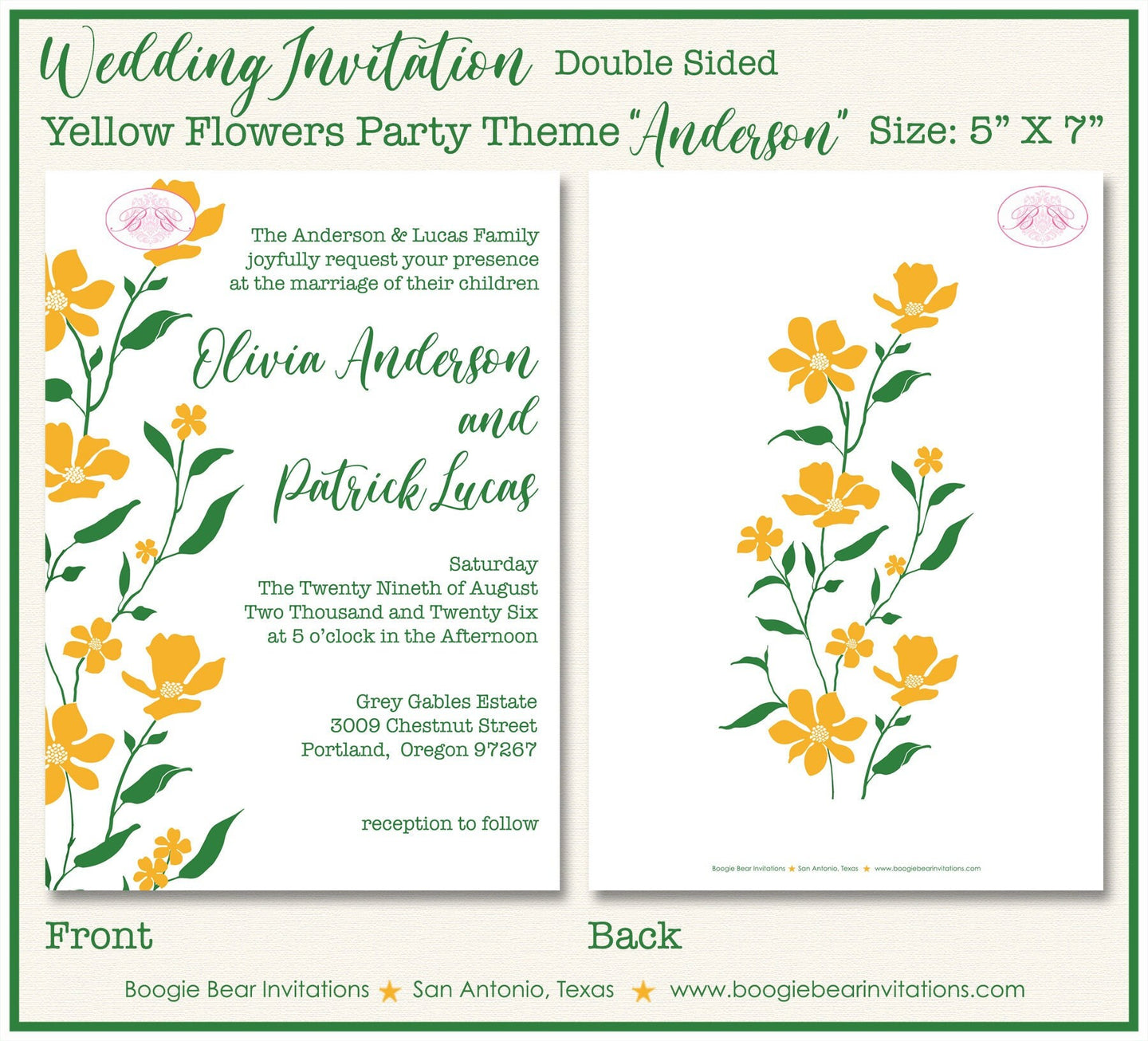 Yellow Flowers Wedding Invitation Birthday Party White Green Garden Grow Boogie Bear Invitations Anderson Theme Paperless Printable Printed
