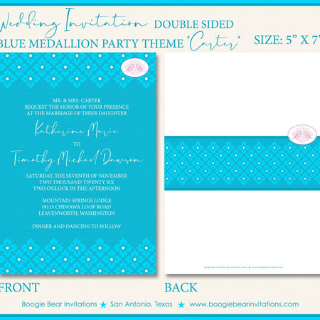 Blue Medallion Wedding Invitation Birthday Party Flower Damask Victorian Boogie Bear Invitations Carter Theme Paperless Printable Printed