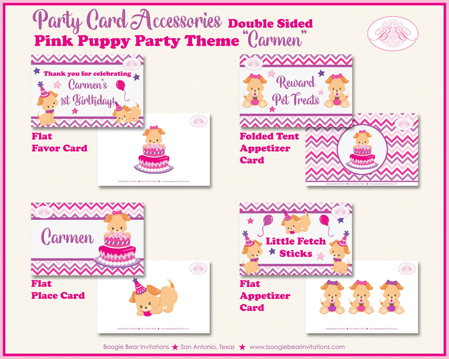 Pink Puppy Birthday Favor Party Card Appetizer Food Place Sign Label Dog Purple Pet Paw Pawty Adoption Boogie Bear Invitations Carmen Theme