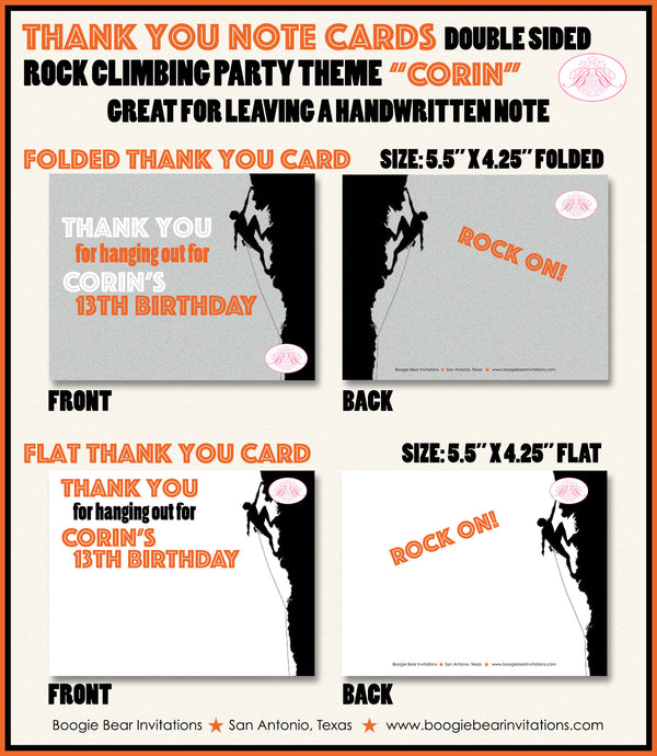 Rock Climbing Birthday Party Thank You Card Mountain Hike Rock Wall Sports Athletic Climb Orange Boogie Bear Invitations Corin Theme Printed