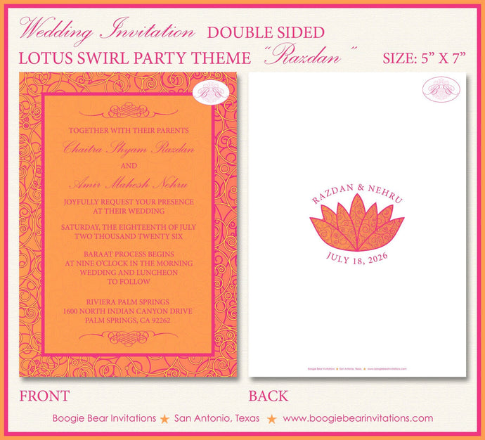 Lotus Swirl Wedding Invitation Birthday Party Flower Modern Pink Orange Boogie Bear Invitations Razdan Theme Paperless Printable Printed