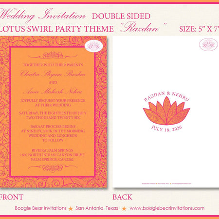 Lotus Swirl Wedding Invitation Birthday Party Flower Modern Pink Orange Boogie Bear Invitations Razdan Theme Paperless Printable Printed