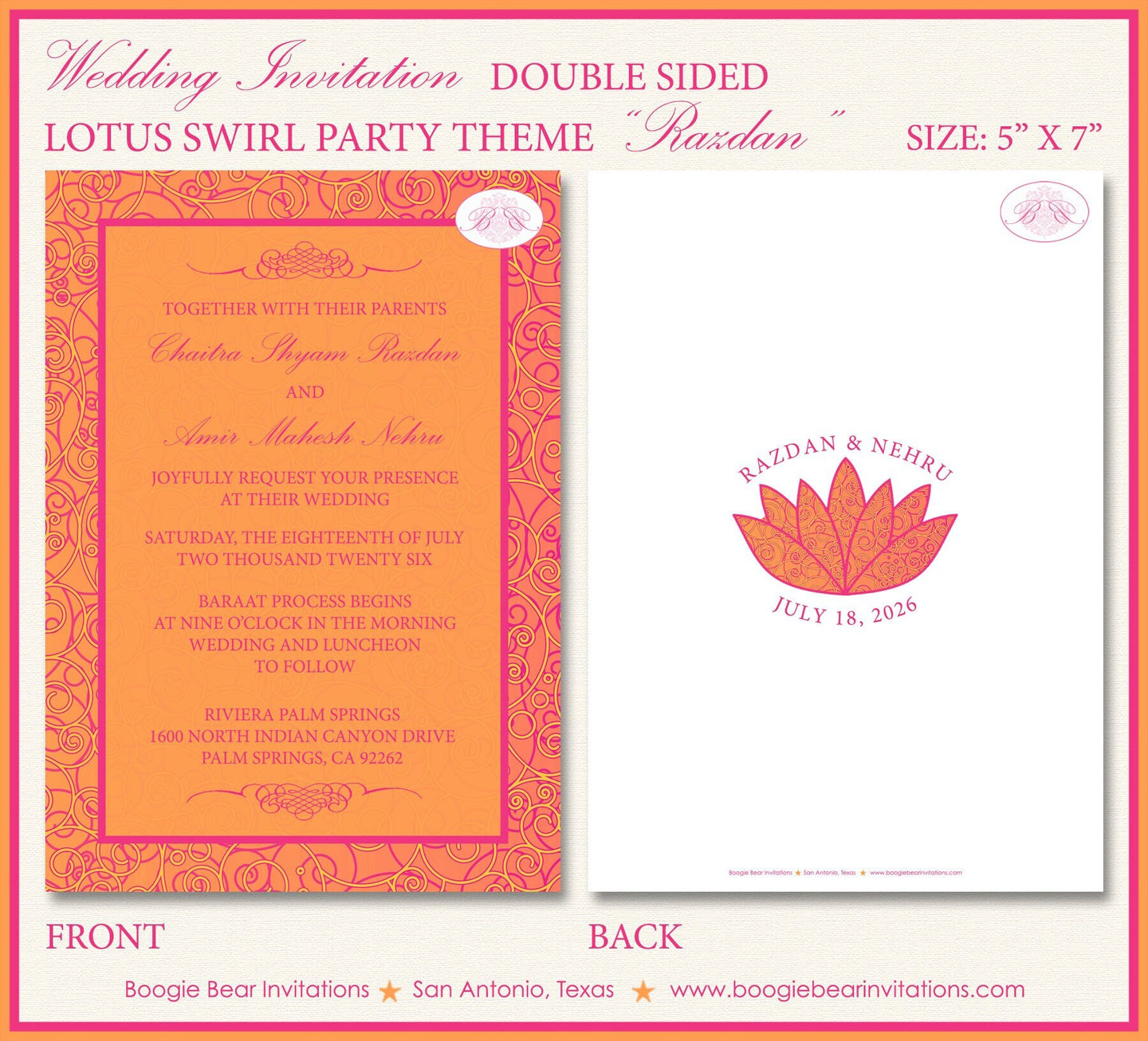 Lotus Swirl Wedding Invitation Birthday Party Flower Modern Pink Orange Boogie Bear Invitations Razdan Theme Paperless Printable Printed