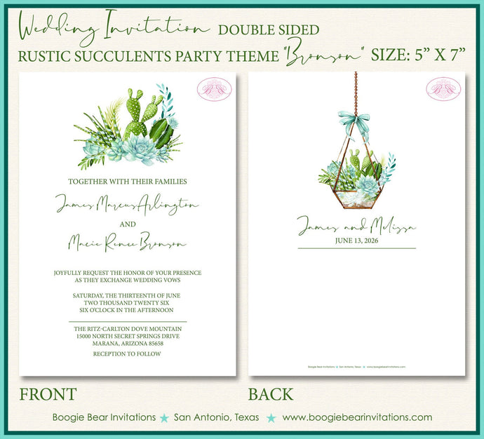 Rustic Succulents Wedding Invitation Day Party Floral Cactus Plant Green Boogie Bear Invitations Bronson Theme Paperless Printable Printed