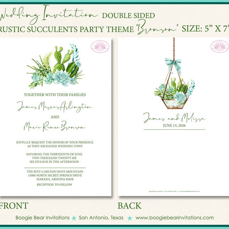 Rustic Succulents Wedding Invitation Day Party Floral Cactus Plant Green Boogie Bear Invitations Bronson Theme Paperless Printable Printed