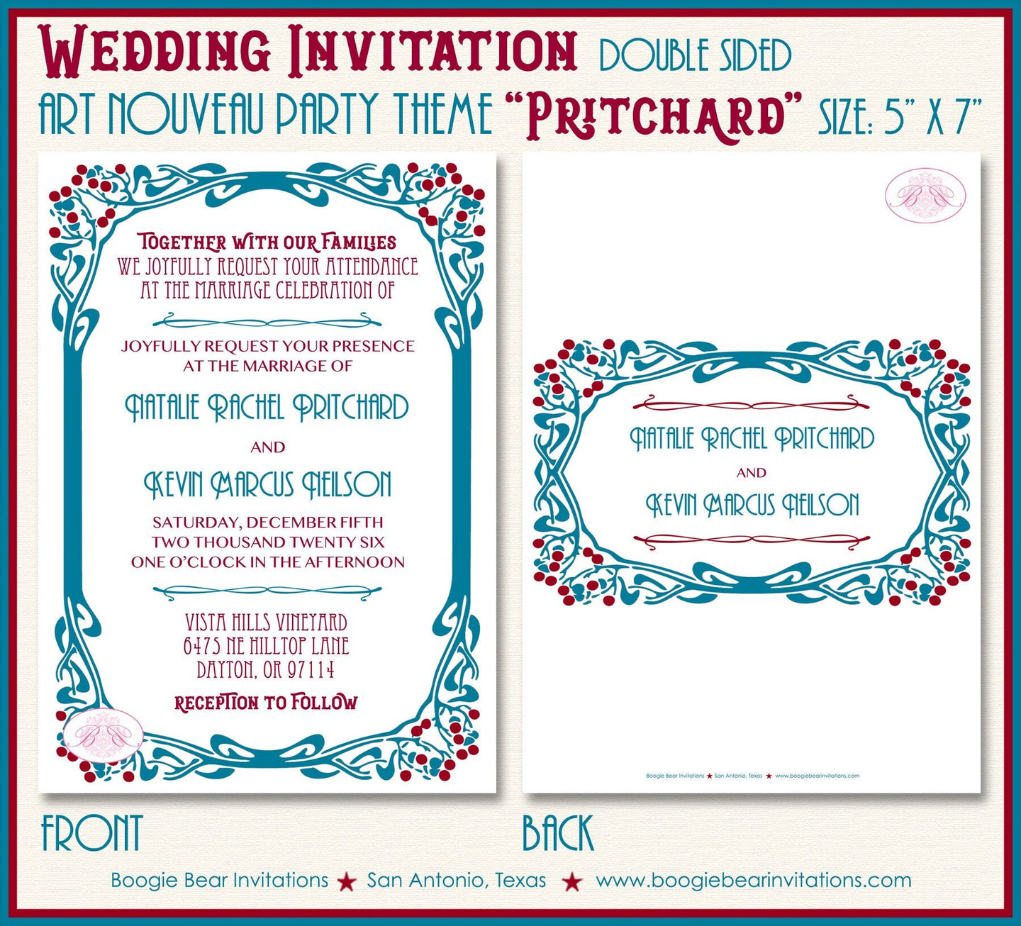 Art Nouveau Wedding Invitation Party Red White Blue Modern Retro Berry Boogie Bear Invitations Pritchard Theme Paperless Printable Printed