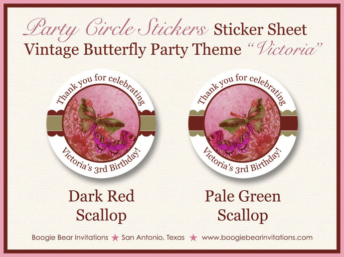 Vintage Butterfly Party Stickers Circle Tag Birthday Flower Garden Pink Antique Outdoor Picnic Spring Boogie Bear Invitations Victoria Theme