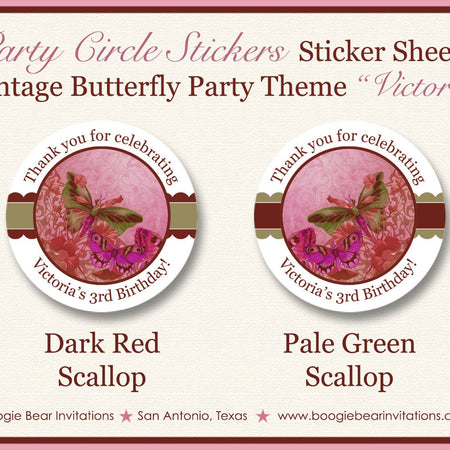 Vintage Butterfly Party Stickers Circle Tag Birthday Flower Garden Pink Antique Outdoor Picnic Spring Boogie Bear Invitations Victoria Theme