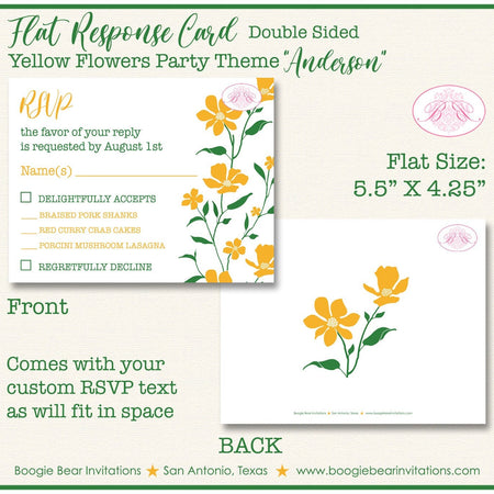 Yellow Flowers RSVP Card Birthday Party Response Reply Guest White Green Floral Garden Field Boogie Bear Invitations Anderson Theme Printed