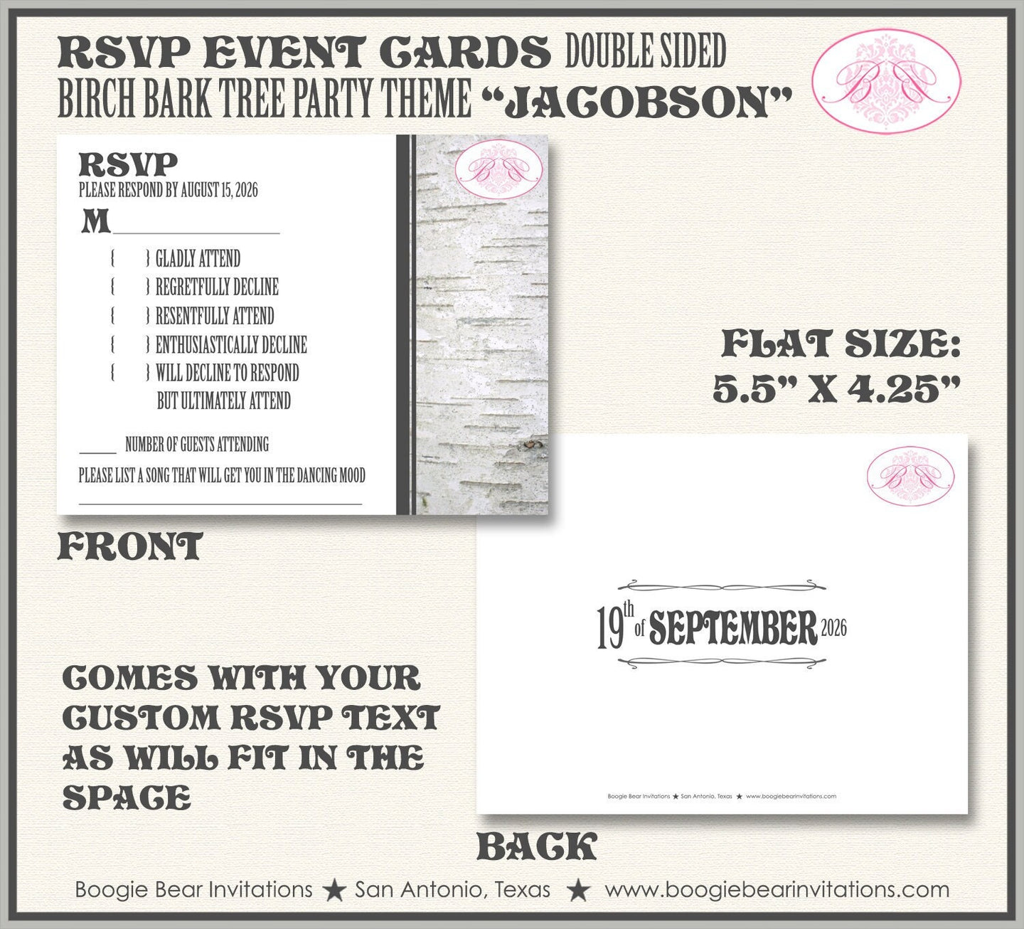 Birch Bark RSVP Card Birthday Party Response Reply Guest Woodland Tree Forest Outdoor Rustic Boogie Bear Invitations Jacobson Theme Printed