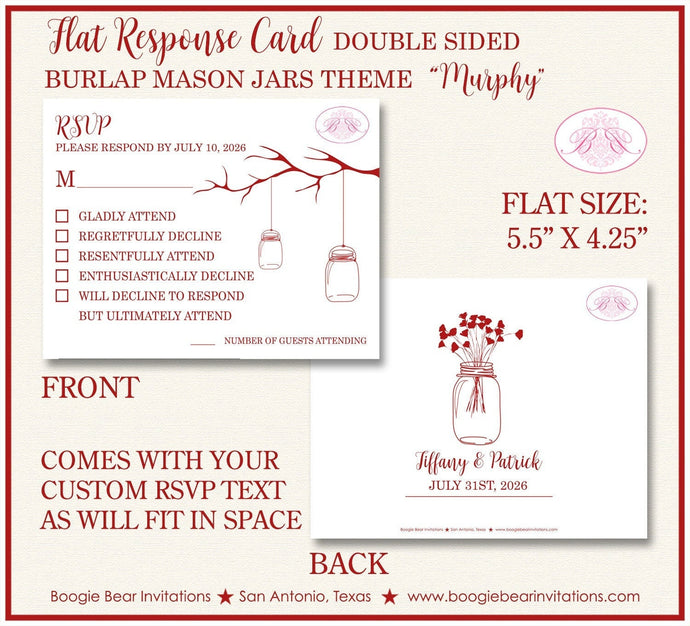 Mason Jars RSVP Card Birthday Party Response Reply Guest Country Rustic Farm Red Burlap White Boogie Bear Invitations Murphy Theme Printed