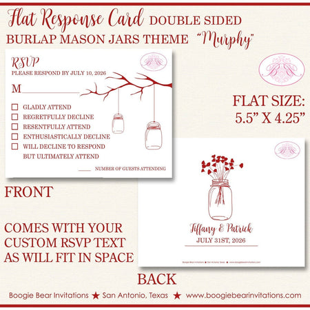 Mason Jars RSVP Card Birthday Party Response Reply Guest Country Rustic Farm Red Burlap White Boogie Bear Invitations Murphy Theme Printed