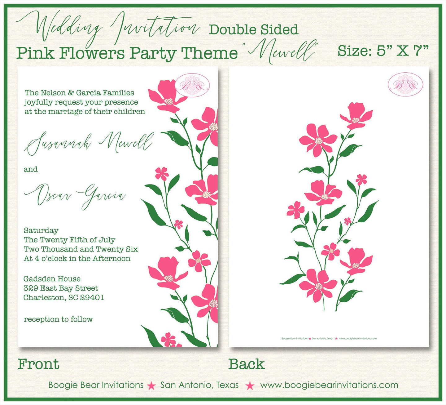 Pink Flowers Wedding Invitation Birthday Party White Green Garden Grow Boogie Bear Invitations Newell Theme Paperless Printable Printed