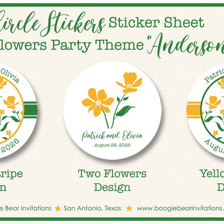 Yellow Flowers Wedding Stickers Circle Birthday Party Favor White Green Garden Grow Bloom Wildflowers Boogie Bear Invitations Anderson Theme
