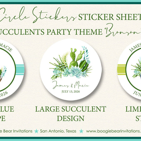 Rustic Succulent Wedding Stickers Circle Birthday Party Favor Cactus Plant Terrarium Green Blue Garden Boogie Bear Invitations Bronson Theme