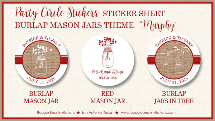 Mason Jars Wedding Stickers Circle Birthday Party Favor Country Rustic Outdoor Forest Red Burlap White Boogie Bear Invitations Murphy Theme