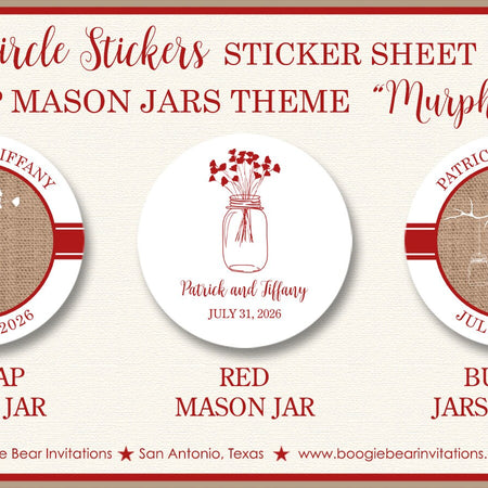 Mason Jars Wedding Stickers Circle Birthday Party Favor Country Rustic Outdoor Forest Red Burlap White Boogie Bear Invitations Murphy Theme