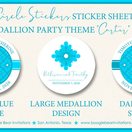 Blue Medallion Wedding Stickers Circle Birthday Party Favor Flower Damask Victorian Elegant Cross Aqua Boogie Bear Invitations Carter Theme