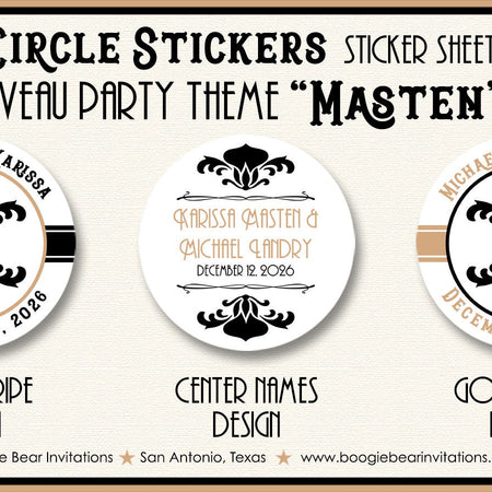 Art Nouveau Wedding Stickers Circle Birthday Party Favor Black White Gold Modern Retro Flower Motif Boogie Bear Invitations Masten Theme