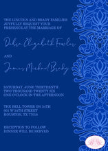 Load image into Gallery viewer, Formal Damask Wedding Invitation Birthday Party Blue Flower Victorian Ball Boogie Bear Invitations Fowler Theme Paperless Printable Printed