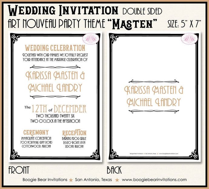 Art Nouveau Wedding Invitation Birthday Party Black Gold White Modern Retro Boogie Bear Invitations Masten Theme Paperless Printable Printed