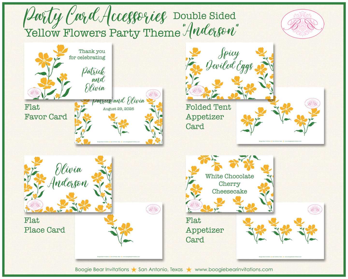 Yellow Flowers Wedding Favor Party Card Tent Appetizer Place Food Birthday Wildflower Garden Summer Boogie Bear Invitations Anderson Theme