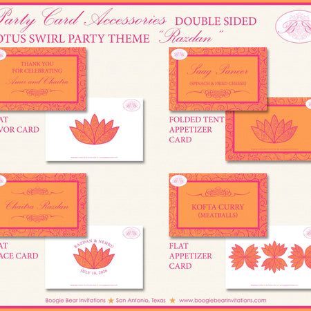 Lotus Swirl Wedding Party Favor Card Tent Appetizer Place Food Birthday Flower Modern Pink Orange Boogie Bear Invitations Razdan Theme