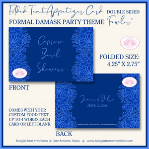 Formal Damask Wedding Favor Party Card Tent Appetizer Place Food Birthday Blue Flower Victorian Ball Boogie Bear Invitations Fowler Theme