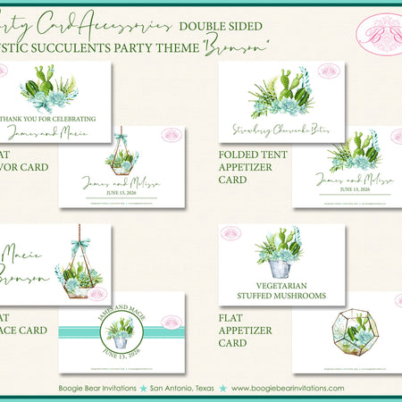 Rustic Succulents Wedding Favor Party Card Tent Appetizer Place Food Birthday Cactus Plant Green Blue Boogie Bear Invitations Bronson Theme