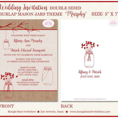 Mason Jars Wedding Invitation Birthday Party Country Red Burlap White Boogie Bear Invitations Murphy Theme Paperless Printable Printed
