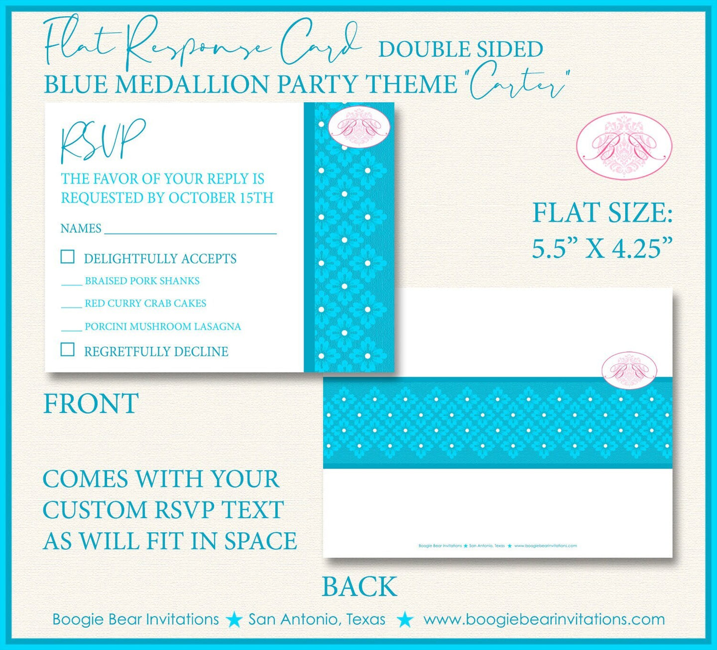 Blue Medallion RSVP Card Birthday Birthday Party Flower Damask Victorian Response Reply Guest Boogie Bear Invitations Carter Theme Printed