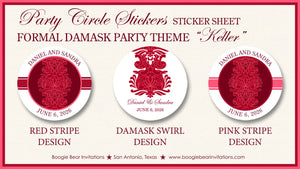 Formal Damask Wedding Stickers Circle Birthday Party Favor Red Flower Formal Event Victorian Elegant Boogie Bear Invitations Keller Theme