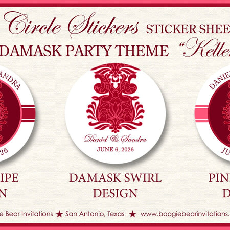 Formal Damask Wedding Stickers Circle Birthday Party Favor Red Flower Formal Event Victorian Elegant Boogie Bear Invitations Keller Theme