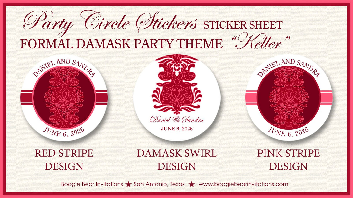 Formal Damask Wedding Stickers Circle Birthday Party Favor Red Flower Formal Event Victorian Elegant Boogie Bear Invitations Keller Theme