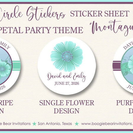 Purple Green Flowers Wedding Stickers Circle Birthday Party Favor Floral Garden Petal Bloom Hawaiian Boogie Bear Invitations Montague Theme