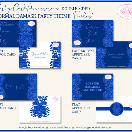 Formal Damask Wedding Favor Party Card Tent Appetizer Place Food Birthday Blue Flower Victorian Ball Boogie Bear Invitations Fowler Theme