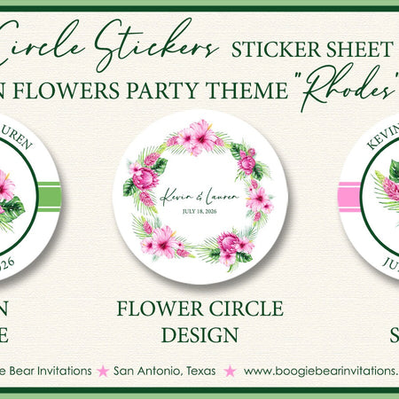 Hawaiian Flowers Wedding Stickers Circle Birthday Party Favor Floral Pink Hibiscus Hawaii Island Garden Boogie Bear Invitations Rhodes Theme