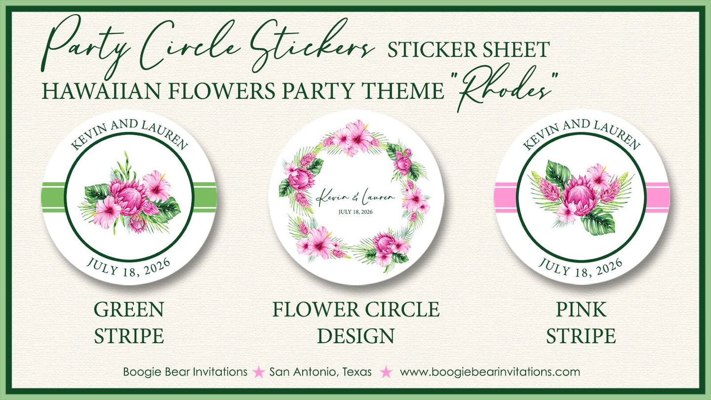 Hawaiian Flowers Wedding Stickers Circle Birthday Party Favor Floral Pink Hibiscus Hawaii Island Garden Boogie Bear Invitations Rhodes Theme
