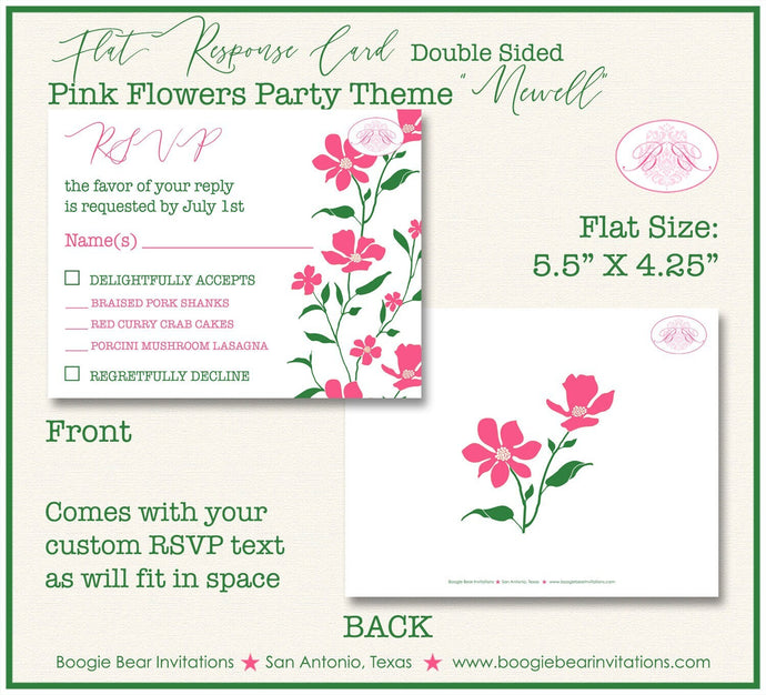 Pink Flowers RSVP Card Birthday Party Response Reply Guest White Green Floral Garden Wildflower Boogie Bear Invitations Newell Theme Printed