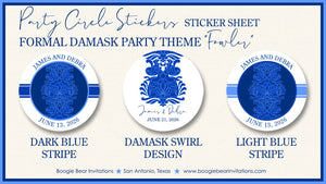 Formal Damask Wedding Stickers Circle Birthday Party Favor Blue Flower Formal Event Victorian Elegant Boogie Bear Invitations Fowler Theme