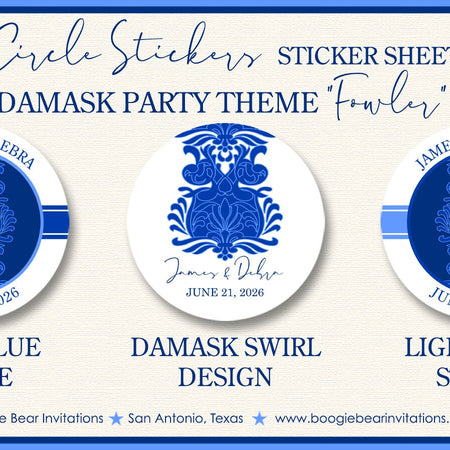 Formal Damask Wedding Stickers Circle Birthday Party Favor Blue Flower Formal Event Victorian Elegant Boogie Bear Invitations Fowler Theme