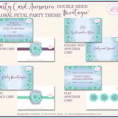 Purple Green Flowers Wedding Favor Party Card Tent Appetizer Place Food Birthday Floral Hawaii Bloom Boogie Bear Invitations Montague Theme
