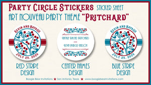 Art Nouveau Wedding Stickers Circle Birthday Party Favor Red White Blue Modern Retro Berry Forest Boogie Bear Invitations Pritchard Theme