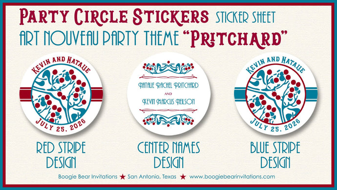 Art Nouveau Wedding Stickers Circle Birthday Party Favor Red White Blue Modern Retro Berry Forest Boogie Bear Invitations Pritchard Theme